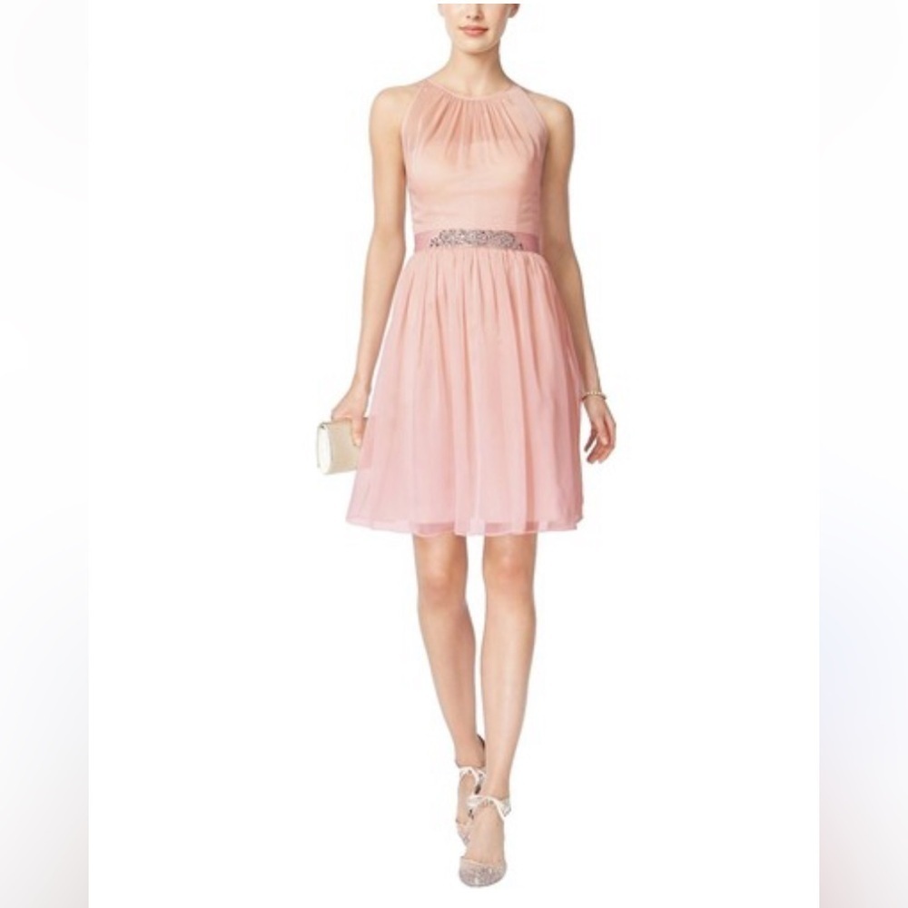 Adrianna Papell NWT Pink Chiffon Halter Beaded Belt Formal Knee Length Dress 16